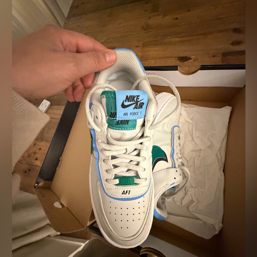 Nike Air Force 1 Cream Sneakers with Blue and Green Details - Picture 2 of 5